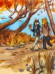  autumn black_hair canine clothed clothing couple duo falling_leaves gay grass hair hand_holding hoodie jacket java leaves male mammal necktie outside pants rock rocks shoes tree walking 