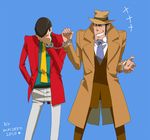  70s arsene_lupin_iii bad_deviantart_id bad_id blue_neckwear closed_eyes cuffs facepalm fedora formal grin handcuffs hat jacket lupin_iii male_focus multiple_boys necktie oldschool red_jacket shin'ya_(midnight_rain) sideburns simple_background smile suit trench_coat yellow_neckwear zenigata_kouichi 