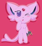  blush crying cub cute eeveelution espeon female forked_tail loli nintendo one_eye_closed pink_background pink_body pink_theme plain_background plushie pok&#233;mon pok&eacute;mon purple purple_eyes solo tail teeth tongue umbreon video_games wink young 