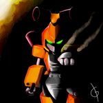  amazing glowing_eyes green_eyes grey gun machine male mechanical medabots metabee metal ranged_weapon robot smoke solo weapon yellow yellow_body 