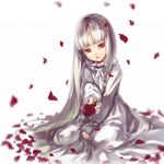  bangs blunt_bangs dress el_(sound_horizon) elysion flower long_hair open_mouth outstretched_arm petals red_eyes rifsom rose seiza sitting solo sound_horizon very_long_hair white white_background white_hair 