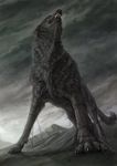 all_fours animal aogachou black_fur black_nose canine claws cloud clouds dark dark_sky fangs fenrir_(mythology) feral from_below fur giant ground light looking_away male mammal mountain no_humans orange_eyes red_eyes restrained rope sky solo standing teeth wire wolf 