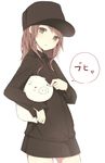  bad_id bad_pixiv_id black_skirt brown_eyes brown_hair dress_shirt hat long_hair looking_at_viewer meet_neet miniskirt original pig pinching shirt simple_background skirt solo standing tears white_background 