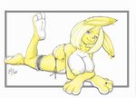  anklet areola big_breasts blonde_hair blue_eyes breasts cleavage clothed clothing ear_piercing female fur hair kyle_hutchings lagomorph looking_at_viewer lying mammal nipples on_front piercing plain_background rabbit ring solo topless white_background yellow yellow_fur 