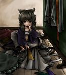  bandages brown_eyes brown_hair chin_rest clothes open_clothes open_shirt ritual_baton sarashi shirt siroooo sitting solo touhou toyosatomimi_no_miko 