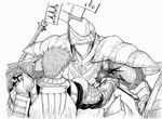  armor aura broken clenched_teeth comic demon's_souls full_armor garl_vinland gauntlets greyscale hanzow_t helmet highres huge_weapon knight mace male_focus monochrome multiple_boys shield short_hair slayer_of_demons souls_(from_software) stabbed stabbing sword teeth weapon 