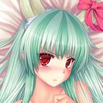  bare_shoulders blush ex-keine face green_hair horn_ribbon horns kamishirasawa_keine long_hair looking_at_viewer portrait pout red_eyes ribbon solo tama_(new_island) touhou 