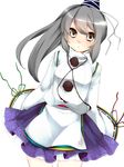  blush grey_hair hat japanese_clothes kariginu long_hair looking_at_viewer mononobe_no_futo ponytail simple_background solo tate_eboshi touhou white_eyes yutazou 