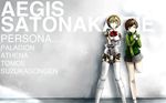  aegis_(persona) android bad_id bad_pixiv_id black_skirt blonde_hair blue_eyes bow brown_eyes brown_hair elizax9x engrish highres jacket miniskirt multiple_girls persona persona_3 persona_4 pleated_skirt ranguage ribbon satonaka_chie skirt track_jacket 