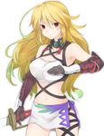  bad_id bad_pixiv_id bare_shoulders blonde_hair elbow_gloves gloves gradient_hair green_hair highres long_hair looking_at_viewer milla_maxwell minatsuki_randoseru multicolored_hair navel red_eyes shirt side_slit simple_background solo strapless sword tales_of_(series) tales_of_xillia taut_clothes taut_shirt tubetop two-tone_hair weapon 