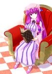  armchair bangs blunt_bangs book bow breasts capelet chair checkered checkered_floor crescent cross-laced_footwear full_body hair_bow hat head_tilt highres holding holding_book large_breasts long_hair looking_at_viewer patchouli_knowledge purple_eyes purple_hair reading sitting smile solo tohoho_(hoshinoyami) touhou very_long_hair 