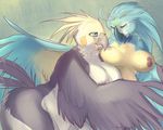  anthro avian beak big_breasts bird blue_eyes breasts chubby cockatiel cuddle cuddling duo feathers female fluffy green_eyes hug lesbian looking_down mabyn nipples nude overweight parrot plain_background standing tailfeathers thighs wings 
