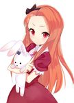  blush doll_hug dress face forehead frown idolmaster idolmaster_(classic) index_finger_raised long_hair minase_iori orange_hair p-nut pointing pointing_up red_eyes simple_background solo stuffed_animal stuffed_bunny stuffed_toy 