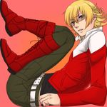  bad_id bad_pixiv_id barnaby_brooks_jr belt blonde_hair boots cramped glasses green_eyes jacket jewelry male_focus necklace red_jacket sakamotomadoka10 solo studded_belt tiger_&amp;_bunny 