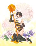  alternate_costume antennae axis_powers_hetalia bad_id bad_pixiv_id bee bee_costume black_hair blush boots bridal_gauntlets brown_eyes bug bulge cocoa_mass fingerless_gloves flower full_body gloves highres honey honey_dipper insect japan_(hetalia) kneeling male_focus open_mouth otoko_no_ko scarf solo teeth thighhighs thighs tongue wings 