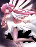  boots choker cleavage_cutout dress glowing glowing_wings hair_ribbon highres kaname_madoka long_hair mahou_shoujo_madoka_magica outstretched_arms pink_eyes pink_footwear pink_hair pink_legwear ribbon siraha solo thighhighs two_side_up ultimate_madoka upskirt white_dress wings 