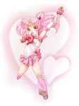  :o an_mochigusa arm_up back_bow bishoujo_senshi_sailor_moon boots bow chibi_usa double_bun elbow_gloves full_body gloves hair_ornament hairpin heart holding holding_wand knee_boots magical_girl microskirt open_mouth pink pink_eyes pink_footwear pink_hair pink_moon_stick pink_sailor_collar pink_skirt pleated_skirt ribbon sailor_chibi_moon sailor_collar sailor_senshi_uniform short_hair skirt solo tiara twintails wand white_gloves 