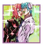  araki_hirohiko_(style) belt biafura blue_eyes blue_hair death_scythe_(spirit) dr_franken_stein formal glasses green_lipstick jojo_no_kimyou_na_bouken labcoat leone_abbacchio lipstick makeup male_focus multiple_boys necktie pannacotta_fugo parody red_hair red_lipstick soul_eater stitches style_parody suit 