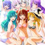  animal_ears bad_id bad_pixiv_id bandeau bare_shoulders bikini blonde_hair blue_eyes blue_hair blush bow braid brown_eyes bunny_ears cameltoe cirno front-tie_top green_hair hair_bow hakurei_reimu hat highres izayoi_sakuya kayama_kenji kirisame_marisa kochiya_sanae konpaku_youmu lavender_hair long_hair looking_at_viewer maid_headdress multiple_girls navel one-piece_swimsuit one_eye_closed petals purple_hair reisen_udongein_inaba short_hair silver_hair single_braid smile striped striped_bikini striped_swimsuit swimsuit touhou twin_braids waving witch_hat yellow_eyes 