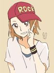  blush brown_eyes brown_hair casual grin hat hat_tip k-on! peg shirt short_hair smile solo t-shirt tainaka_ritsu wristband 