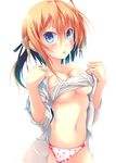  :o ahoge bad_id bad_pixiv_id bare_shoulders blue_eyes blush breasts highres konoe_subaru looking_at_viewer mayo_chiki! medium_breasts navel open_clothes open_shirt orange_hair panties paw_print ponytail print_panties re:n_ne sarashi shirt simple_background sleeves_pushed_up solo underboob underwear 