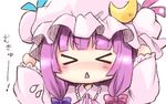  &gt;_&lt; arms_up closed_eyes crescent hair_ribbon hat lowres mokku mukyuu patchouli_knowledge purple_hair ribbon solo touhou upper_body 