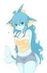  anthro blue_eyes blue_hair breasts cleavage clothed clothing eeveelution female glaceon hair kosyo long_hair looking_at_viewer navel nintendo open_mouth plain_background pok&#233;mon pok&#233;morph pok&eacute;mon pok&eacute;morph shirt shorts solo vaporeon video_games white_background 