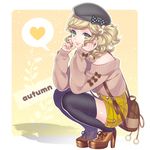  backpack bad_id bad_pixiv_id bag beret black_legwear blonde_hair bow casual green_eyes hat hat_bow heart high_heels lips long_sleeves off_shoulder original senchat shoes shorts solo spoken_heart squatting sweater thighhighs 