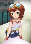  1girl amano_madoka beyblade blue_eyes brown_hair goggles indoors masturbation solo table_sex tablesex thighhighs 