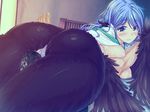  1boy 1girl artist_request ass blue_eyes blue_hair blush breasts bubuzuke bulge cg clothed_erection cum erection game_cg grinding harpy indoors mamono_musume-tachi_to_no_rakuen_~kumo_to_tori_to_hitotsume_to~ monster_girl penis pov_ass precum thigh_sex thighs vanadis wings 