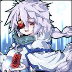  albino black_border blazblue border braid cloak colored_eyelashes eyepatch long_hair lowres messy_hair nu-13 oekaki red_eyes smile solo uzukinoko white_hair 