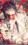  apple black_hair eating fangs flower food frills fruit grey_eyes highres holding holding_food holding_fruit lace leaf long_hair onineko open_mouth original plant ribbon rose smile solo vampire white_legwear 