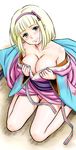  ao_no_exorcist bad_id bad_pixiv_id bare_shoulders blonde_hair blush breasts cleavage covering covering_breasts green_eyes hairband japanese_clothes kimono kogawa_masayoshi large_breasts moriyama_shiemi panties short_hair sitting smile solo striped striped_panties underwear undressing wariza 