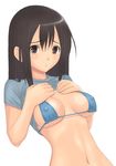  bikini_top black_hair blush breasts brown_eyes covered_nipples long_hair looking_at_viewer medium_breasts muffin_(sirumeria) navel nipples original shirt_lift solo string_bikini upper_body 