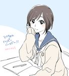  birthday black_eyes brown_hair chin_rest desk love_plus peg pencil school_uniform serafuku short_hair sitting solo takane_manaka 