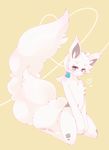  &hearts; abstract_background anthro blue_eyes blush canine chest_tuft covering female fox fur hair hi_res hindpaw huge_tail kneeling kosyo looking_at_viewer mammal navel nude pawpads paws pinup ponytail pose solo tuft white_hair 