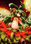  ahoge black_eyes flat_chest flower goma_(mm324) green_hair hair_flower hair_ornament highres leaf long_hair midriff monster_girl multicolored multicolored_eyes navel pinguicula plant ragnarok_online red_eyes solo vines 