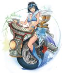  aqua_skirt bad_id bad_pixiv_id bikini_top blue_hair boots green_eyes ground_vehicle hands hat miniskirt motorized_unicycle musical_note original pointing riding science_fiction shijima_(tanfn) simple_background skirt solo unicycle 