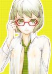  adjusting_eyewear bespectacled blonde_hair flat_chest flower glasses green_eyes hair_ornament hairclip huang_baoling necktie nipples oliolio red-framed_eyewear see-through short_hair solo tiger_&amp;_bunny 