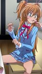  aria_gakuen_school_uniform blue_eyes blue_shirt blue_skirt bow brown_hair haruyama_kazunori houjou_hibiki layered_skirt miniskirt panties pantyshot pink_bow pleated_skirt precure school_uniform shirt skirt striped striped_panties striped_skirt suite_precure two_side_up underwear upskirt 