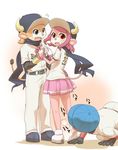  1girl 2boys all_fours baseball_cap baseball_jersey baseball_uniform blue_eyes blush brother_and_sister buffalo_bell buffalo_bull clothes_writing entarou hat heavy_breathing horns implied_pantyshot mascot multiple_boys nippon_professional_baseball orange_hair orix_buffaloes peeking pink_hair rcg742 red_eyes scarf siblings sportswear tail tokyo_yakult_swallows 