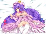  bloomers bloomers_pull blush book breasts colorized dress hat highres long_hair lying medium_breasts nipples no_bra noumin open_clothes osatsu patchouli_knowledge purple_eyes purple_hair pussy solo touhou underwear very_long_hair 