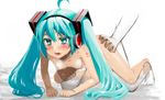  ahoge all_fours aqua_eyes aqua_hair blush doggystyle hatsune_miku headphones hitotose_rin long_hair nude saliva sex solo_focus sweat tattoo tears twintails very_long_hair vocaloid 