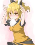  animal_ears bad_id bad_pixiv_id blonde_hair blush bread bunny_ears food food_in_mouth hair_ribbon ibuki_notsu kurodani_yamame looking_at_viewer mouth_hold ponytail ribbon solo tears toast toast_in_mouth touhou yellow_eyes 