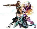  2boys alvin_(tales) black_hair blonde_hair boots brown_eyes brown_hair gloves gun jude_mathis knee_boots long_hair milla_maxwell mooche multiple_boys purple_eyes smile sword tales_of_(series) tales_of_xillia weapon 