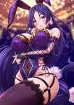  1girl animal_ears arm_under_breasts bangs bare_shoulders blurry blurry_background blush bow bowtie breasts bridal_gauntlets bunny_ears bunny_tail bunnysuit choker cleavage commentary_request covered_navel detached_collar fake_animal_ears fate/grand_order fate_(series) finger_to_face garter_straps glitter gloves gold groin highres huge_breasts lace lace-trimmed_gloves lace-trimmed_legwear lace_choker large_breasts leotard long_hair looking_at_viewer minamoto_no_raikou_(fate/grand_order) nail_polish o-ring parted_bangs parted_lips purple_eyes purple_gloves purple_hair purple_legwear purple_lips purple_nails sakiyamama shiny shiny_skin sidelocks signature skindentation smile solo sparkle studded tail taut_clothes taut_leotard thighhighs thighs very_long_hair wrist_cuffs 