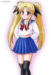  2011 bad_id bad_pixiv_id bishoujo_senshi_sailor_moon blonde_hair blue_sailor_collar bow cosplay fate_testarossa juuban_middle_school_uniform long_hair lyrical_nanoha mahou_shoujo_lyrical_nanoha mizuki_reira red_bow red_eyes sailor_collar school_uniform serafuku smile solo thighhighs tsukino_usagi tsukino_usagi_(cosplay) twintails zettai_ryouiki 