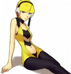  bad_id bad_pixiv_id black_legwear blonde_hair blue_eyes headphones kamitsure_(pokemon) navel ogros pantyhose pokemon pokemon_(game) pokemon_bw simple_background solo 