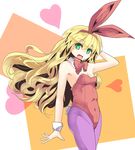  alternate_costume animal_ears armpits bad_id bad_pixiv_id blonde_hair bunny_ears bunny_tail bunnysuit culter detached_collar ellen hand_in_hair heart highres long_hair open_mouth pantyhose purple_legwear smile solo tail touhou touhou_(pc-98) wrist_cuffs 