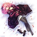  2009 blue_eyes bridal_gauntlets choker dated dress feet gothic long_sleeves lying original petals pink_hair puffy_sleeves ringlets shoes shoes_removed toi-chan 